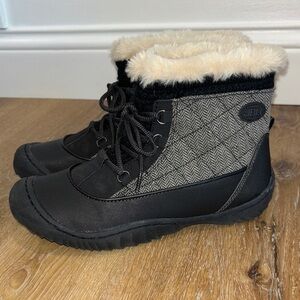 JBU Black and Gray Herringbone Faux-Fur Winter Ankle Boots